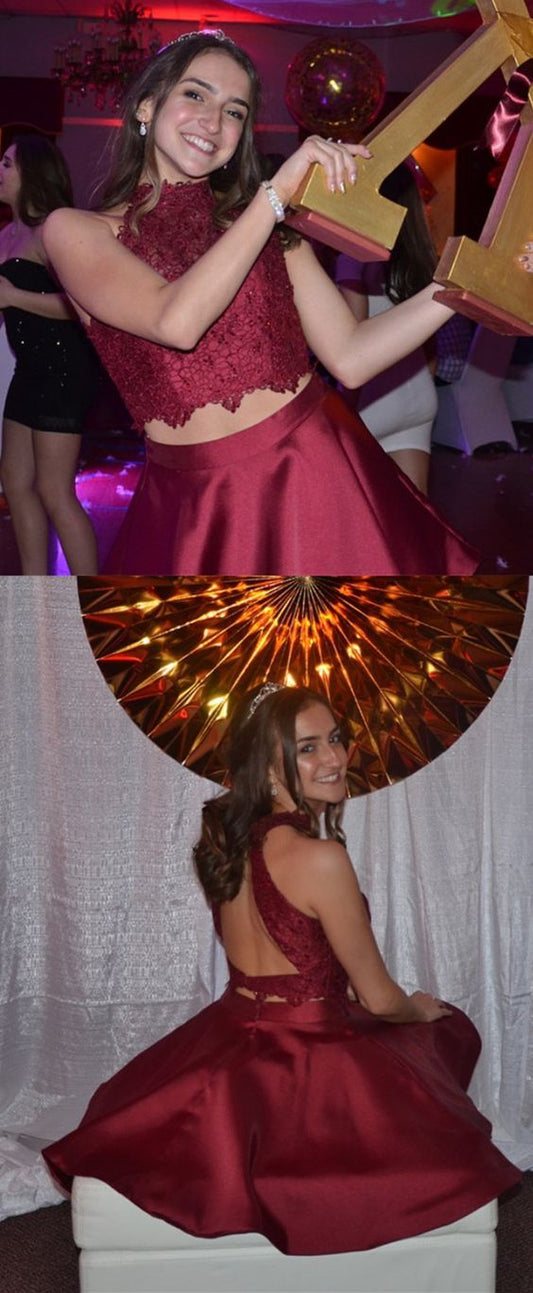 Burgundy A Line High Neck Lace Crop Satin Homecoming Dresses Two Piece Prom Gowns,B0692