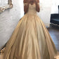 Ball Gown Champagne Gold Satin Quinceanera Dresses Appliques Lace Prom Dresses JS933