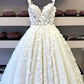 Ball Gown Lace Appliques V Neck Prom Dresses Spaghetti Straps Long Evening Dresses