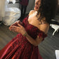 Ball Gown Red Lace Appliques Prom Dresses Off the Shoulder Quinceanera Dresses