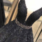 Ball Gown Straps Black V Neck Lace Appliques Prom Dresses Beads V Back Dance Dress