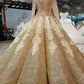 Ball Gown Gold Long Sleeves Lace Appliques Sequins Open Back Beads Quinceanera Dresses JS894
