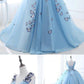 Ball Gown Long Sky Blue Butterfly V Neck Appliques Lace up Prom Quinceanera Dresses JS848