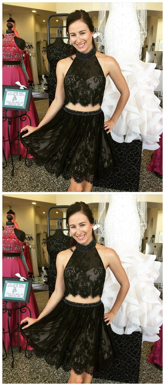 Homecoming Dress,Cocktail Dress,Homecoming Dresses,black Lace Two Piece Homecoming Dresses Short Prom Gowns,E0981