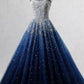 A Line Blue Tulle Long Prom Dresses UK Bling Bling Quinceanera Dresses