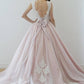 A Line Nude Tulle Pink Lace Appliqued Ball Gown Lace up Beach Wedding Dresses JS918