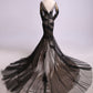 Mermaid Black Tulle Lace Appliques Long Sleeve V Back Scoop Cheap Prom Dresses