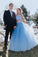 Unique A Line Off the Shoulder Two Piece Blue Tulle Prom Dresses with Beading JS407