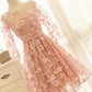 A Line Pink Lace Long Sleeve Open Back Scoop Knee Length Appliques Homecoming Dress JS732