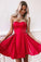 Simple Red Satin Sweetheart Strapless Homecoming Dresses Above Knee Short Prom Dresses H1341