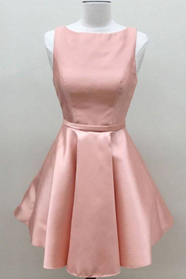 Simple A Line Pink Satin Scoop Cheap Short Prom Dresses Homecoming Dresses JS883
