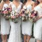 Short Sheath Sleeveless Spaghetti Straps Ivory Ankle Length Lace Bridesmaid Dresses JS965