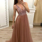 Simple Brown V Neck Beads Prom Dresses Tulle Long Cheap Prom Gowns JS592