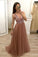 Simple Brown V Neck Beads Prom Dresses Tulle Long Cheap Prom Gowns JS592