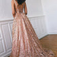 Simple Lace Open Back Evening Dresses A Line Deep V Neck Long Prom Dresses JS569