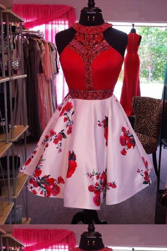 Simple Red Crystal Beaded Halter Short Floral Print Homecoming Dresses Cocktail Dresses H1115