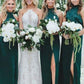 Simple Sheath High Neck Dark Green Bridesmaid Dress with Split Long Prom Dresses JS985