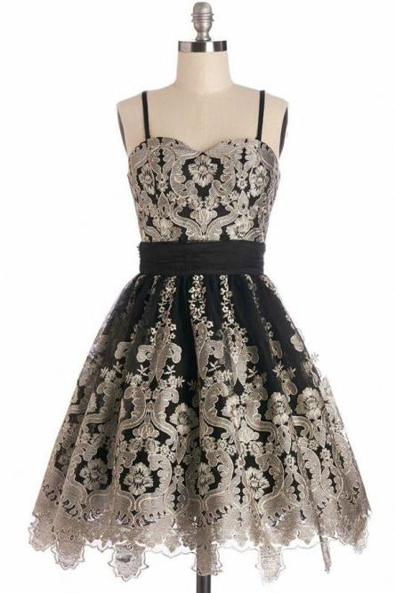 Simple Spaghetti Straps Black Tulle Vintage Homecoming Dress with Lace Appliques JS860