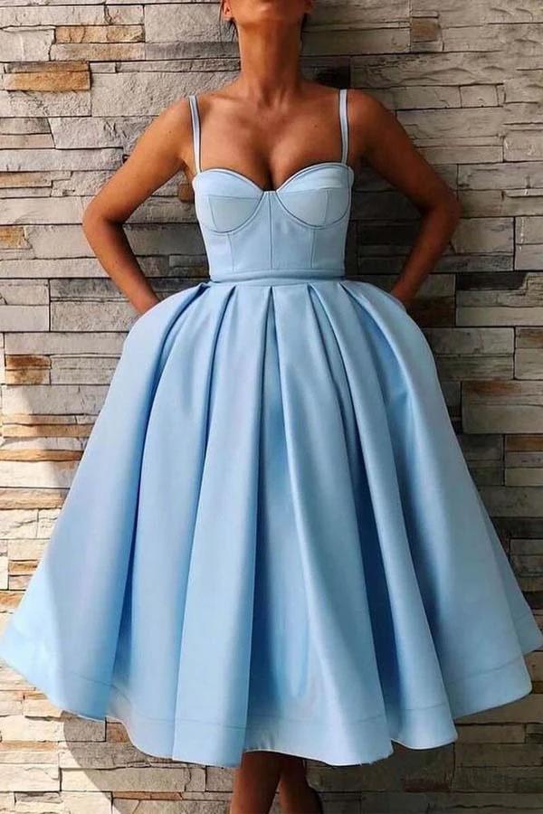Simple Spaghetti Straps Blue Sweetheart Satin Short Homecoming Dresses with Pockets H1226