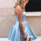 Simple Strapless Cheap Beaded Blue Homecoming Dresses with Pockets Cocktail Dresses H1172