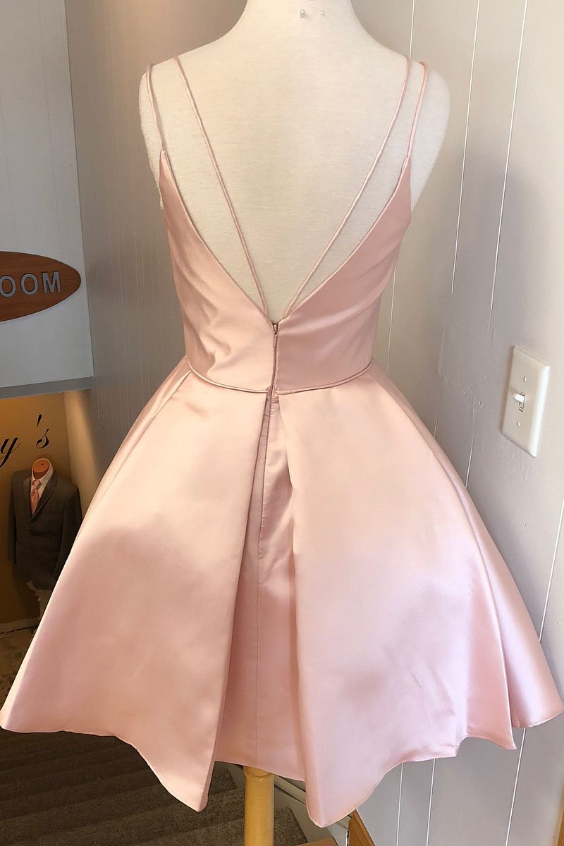 Simple V Neck Straps Short Pink Homecoming Dress Backless Satin Sweet 16 Dresses H1210