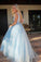 Sparkly Deep V Neck Long Beaded Backless Light Blue Prom Dresses Cheap Party Dress JS982