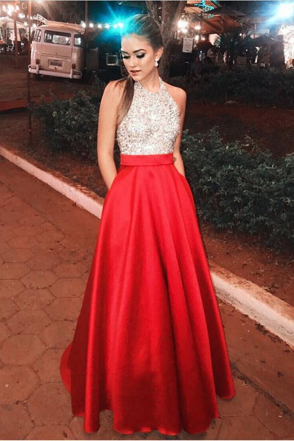 Sparkly Open Back Halter Beading Red Long Prom Dresses with Pockets Party Dresses JS403