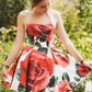 Strapless Red Floral Print Homecoming Dresses with Pockets Vintage Short Prom Dresses JS809