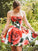 Strapless Red Floral Print Homecoming Dresses with Pockets Vintage Short Prom Dresses JS809