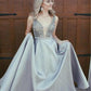 Stunning Ivory A-Line V-Neck Satin Backless Sleeveless Evening Prom Dress with Beaded UK JS483