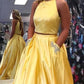 Two Pieces Halter Open Back Yellow Prom Dresses Beads Evening Dresses with Pockets P1121