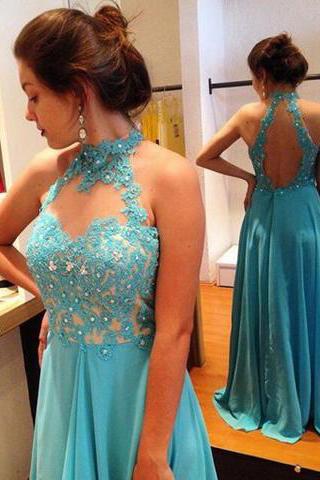 Stylish Halter Floor-Length Open Back Prom Dress with Beading Lace Top Prom Dresses JS584