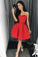 Unique A line Red Homecoming Dresses with Strapless Sweetheart Satin Prom Dresses H1090