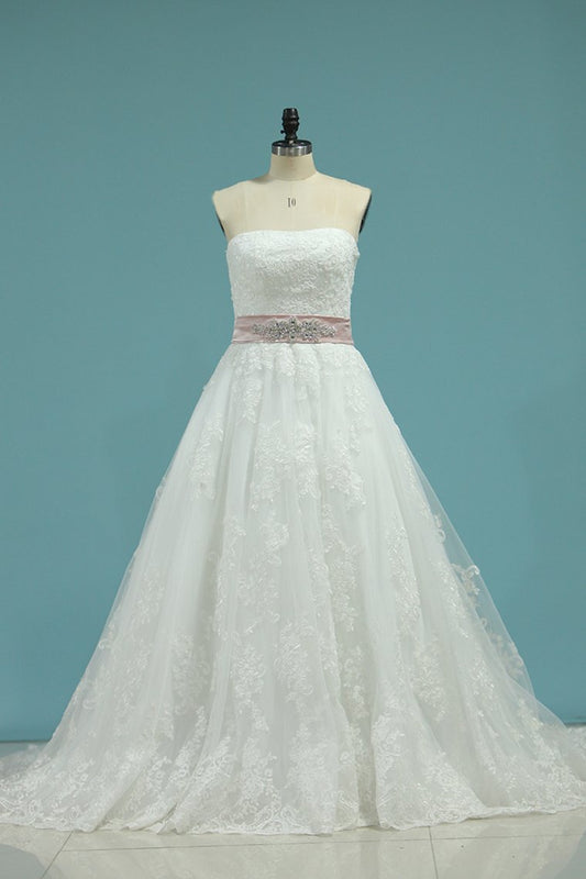 2024 A Line Sweetheart Wedding Dresses Tulle With Applique And Sash