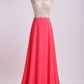 V Neck Beaded Bodice Prom Dresses A Line Sweep Train Chiffon&Tulle