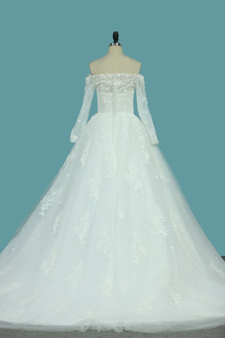 Boat Neck Tulle Wedding Dresses A Line With Applique And Beads Chapel Train