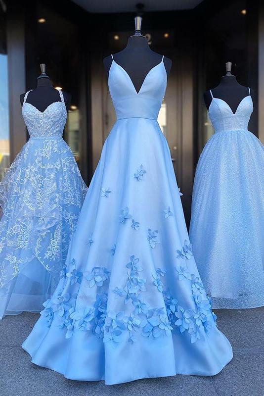 Charming Blue Spaghetti Straps V Neck Flowers Long Prom Dresses Satin Unique Formal Dresses SRS15098