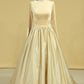 Champagne Muslim Wedding Dresses Scoop A Line Long Sleeves Satin Plus Size