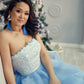 Charming Strapless Long Lace Tulle Light Blue Elegant Prom Dresses