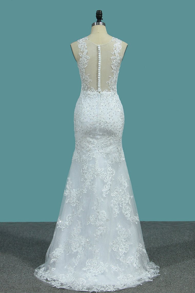 2024 Scoop Tulle Mermaid With Applique Court Train Detachable Wedding Dresses