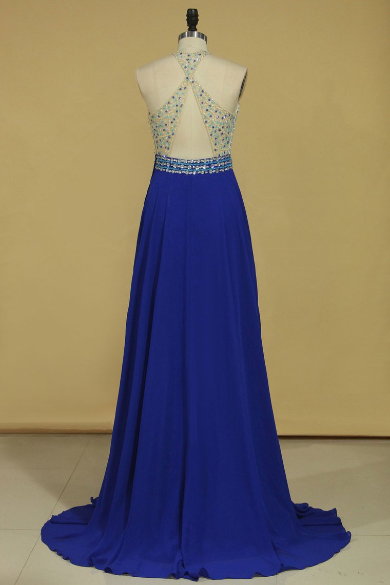 Sexy Open Back Halter Beaded Bodice A Line Chiffon Sweep Train Prom Dresses