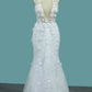 Wedding Dresses V Neck Mermaid Tulle With Applique And Handmade Flowers