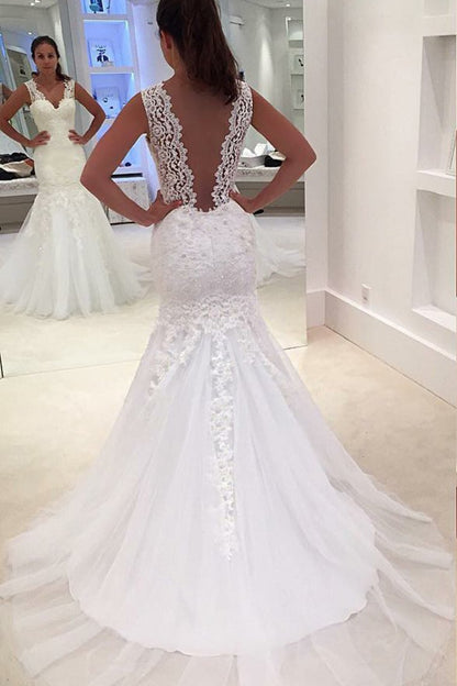 2024 Tulle Wedding Dresses Mermaid V Neck With Applique Court Train
