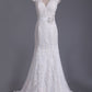 V Neck Wedding Dress Open Back Mermaid/Trumpet With Lace Skirt And Ribbon