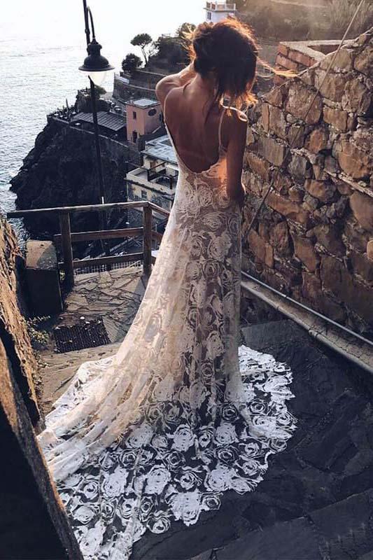 Rose Lace Sweetheart Boho Wedding Dresses Spaghetti Strap Beach Wedding Dresses JS381
