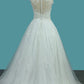 Scoop Tulle & Lace A Line With Applique Sweep Train Wedding Dresses