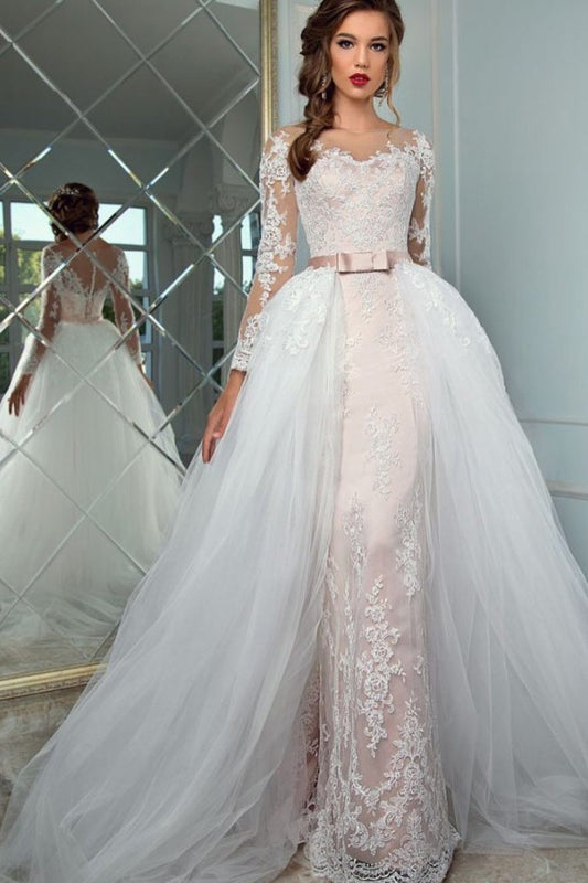 2024 Scoop Long Sleeves Sheath Wedding Dresses Tulle With Applique Chapel Train Detachable