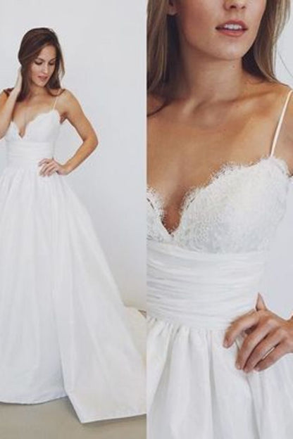 2024 Wedding Dresses A-Line Spaghetti Straps With Lace And Pleated Bodice Satin