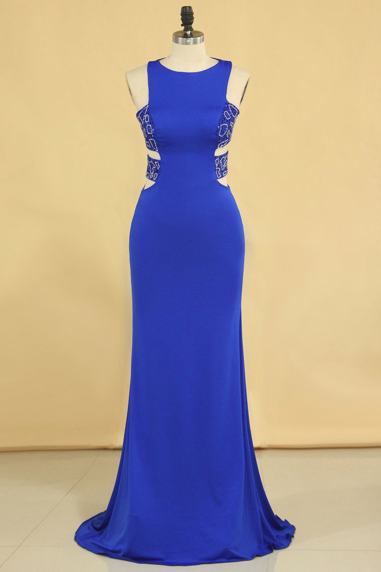 Plus Size New Arrival Scoop Prom Dresses Dark Royal Blue Mermaid Spandex With Beading Sweep Train