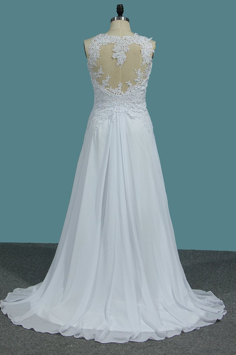 2024 A Line Scoop Chiffon Wedding Dresses With Applique And Slit Sweep Train